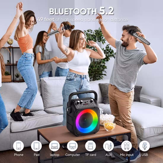 Wholesale Speaker Stock Outdoor 8 Inch Woofer FM USB Portable RGB Lighting Portybox Karaoke Speaker with Wired Mic